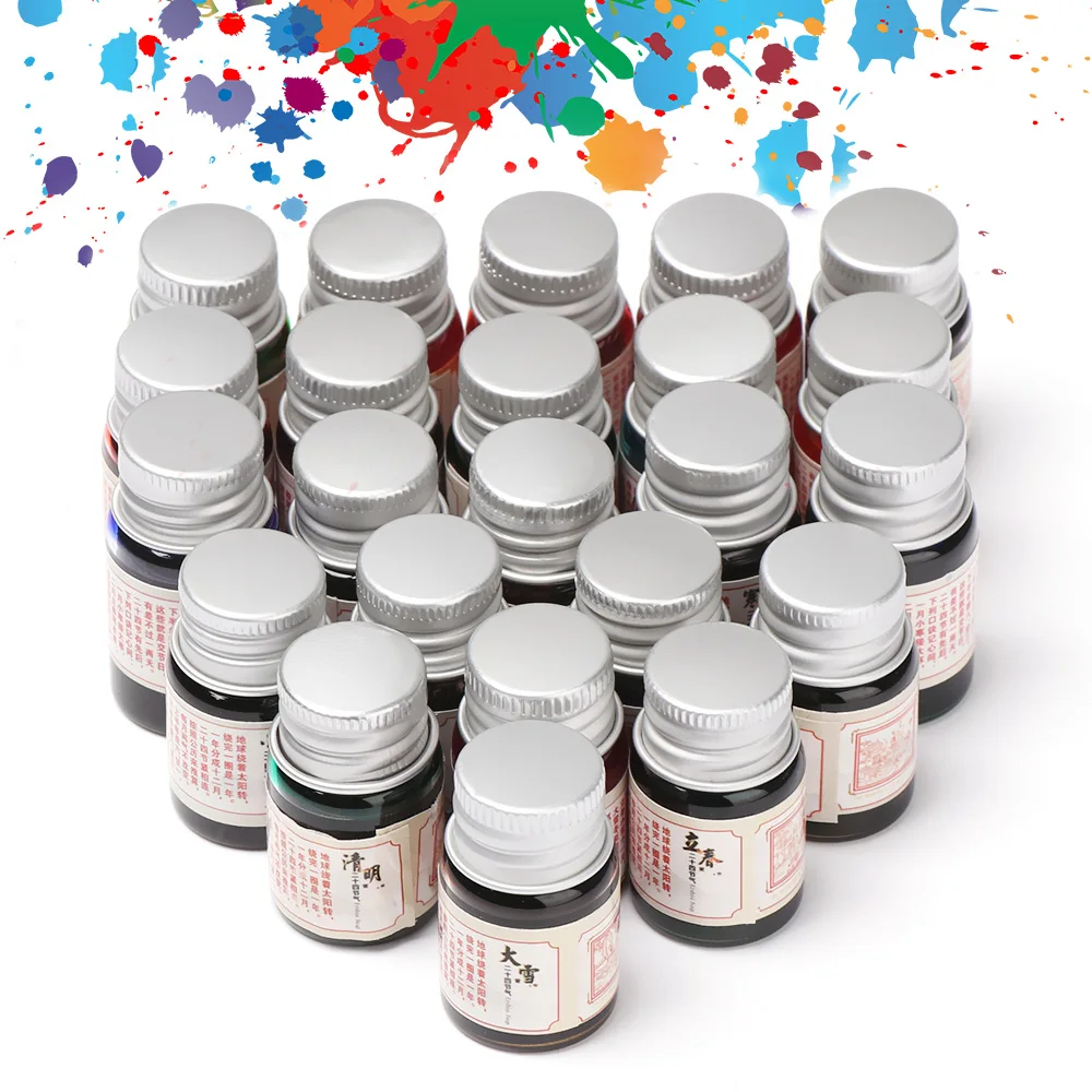 5ml 24 Colored Ink Signature Pen Ink Calligraphy Writing Painting Fountain Pen Ink with Glitter Powder Wholesale High Quality