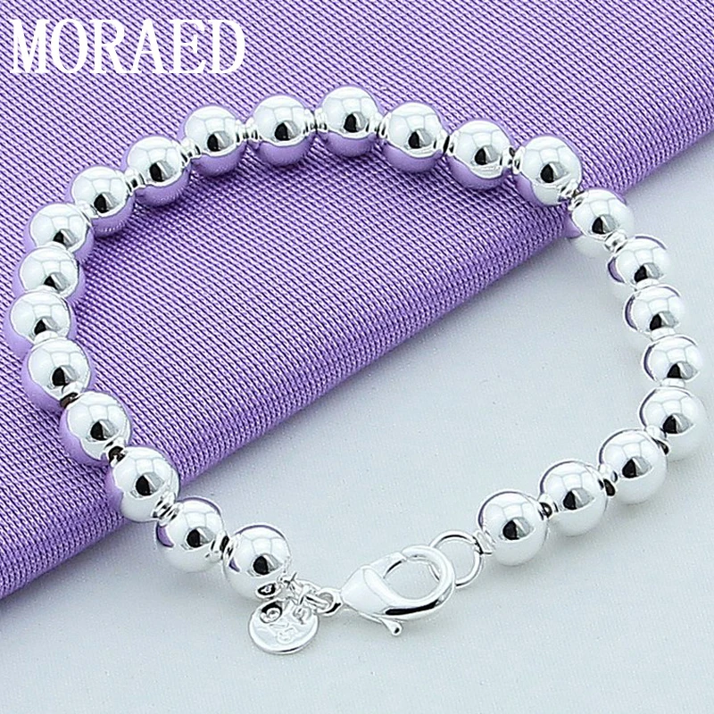 925 Sterling Silver 8mm Smooth Ball Beads Chain Bracelet For Women Charm Wedding Engagement Fashion Party Jewelry