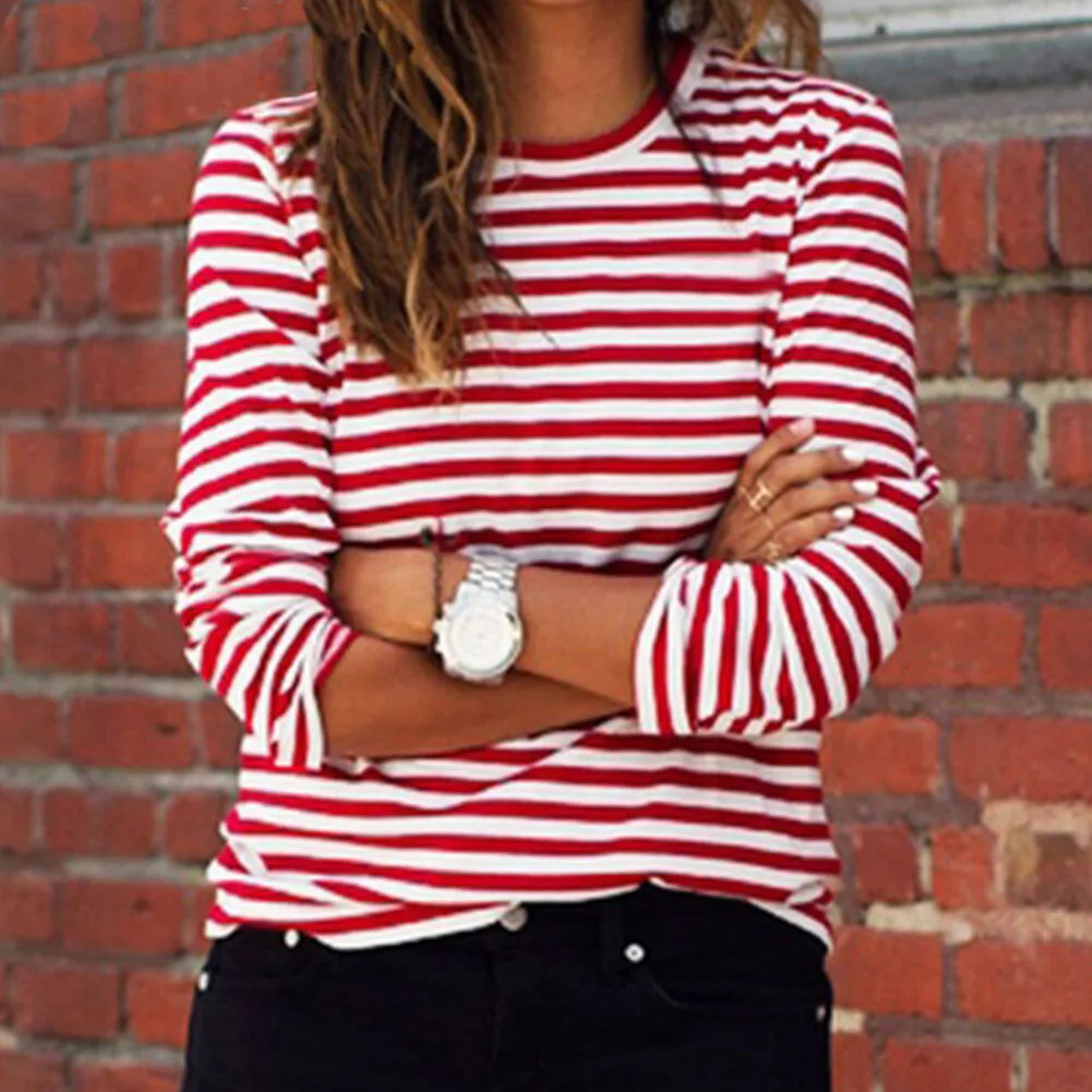 Leisure Women Red White Striped Long Sleeve T-Shirts Cotton Loose Casual Shirt Female Basic O-Neck Tops Tee Autumn Pullovers New