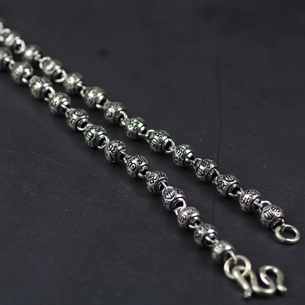 Vintage Solid 925 Sterling Silver Men's Sweater Chain Necklaces Om Mani Padme Hum 6mm Thickness Men Jewelry