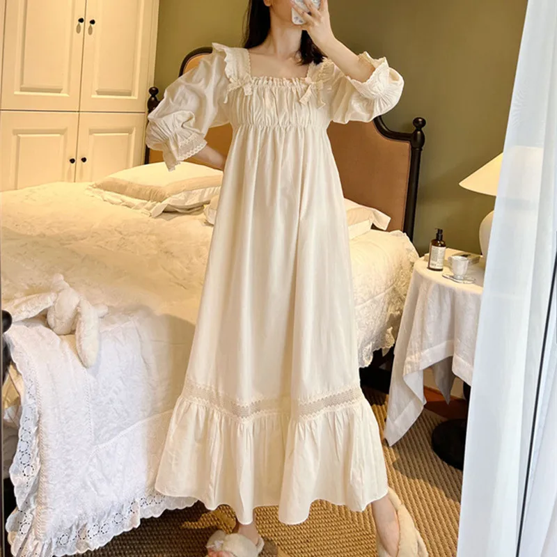 Korea Style słodka koszula nocna kobiety kwadratowy kołnierzyk z długim rękawem Vintage koszule nocne wiosna długa, do kostek Nightie sukienki w jednolitym kolorze