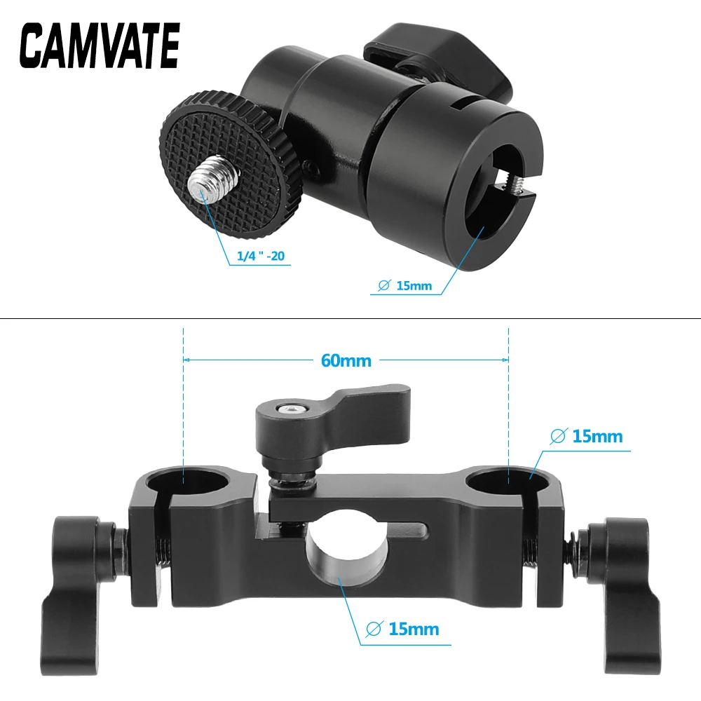CAMVATE Pegangan Kepala Bola Putar 360 ° dengan Dudukan Ulir Jantan 1/4 "-20 + Penjepit Batang 15Mm + Batang 15Mm untuk Monitor, Lampu Kilat, Lampu Video