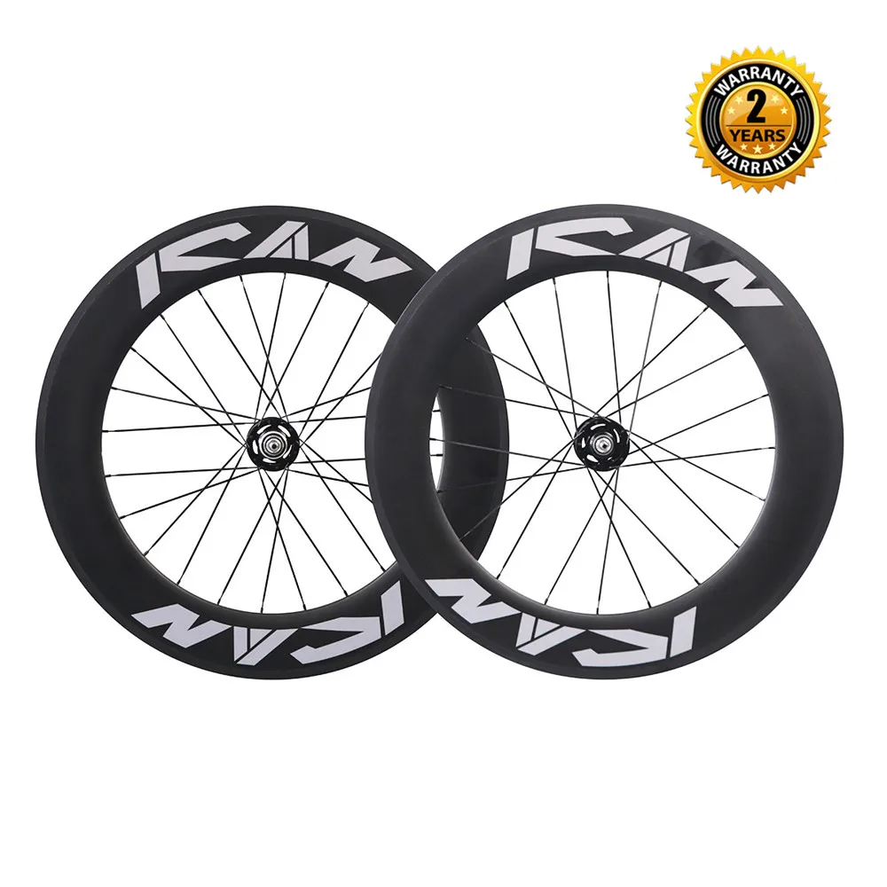 Koło szosowe karbonowe ICAN 700c, 86mm, opona na felgi, pojedyncza przerzutka, 20/24 otwory, szerokość zewnętrzna 25mm, średnica wewnętrzna 18.35mm, zestaw kół do roweru z mechanizmem stałym. — zdjęcie 2