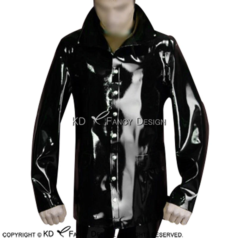 Black Sexy Latex Jacket With Buttons At Front Pocket Flag High Collar Rubber Coat YF-0090