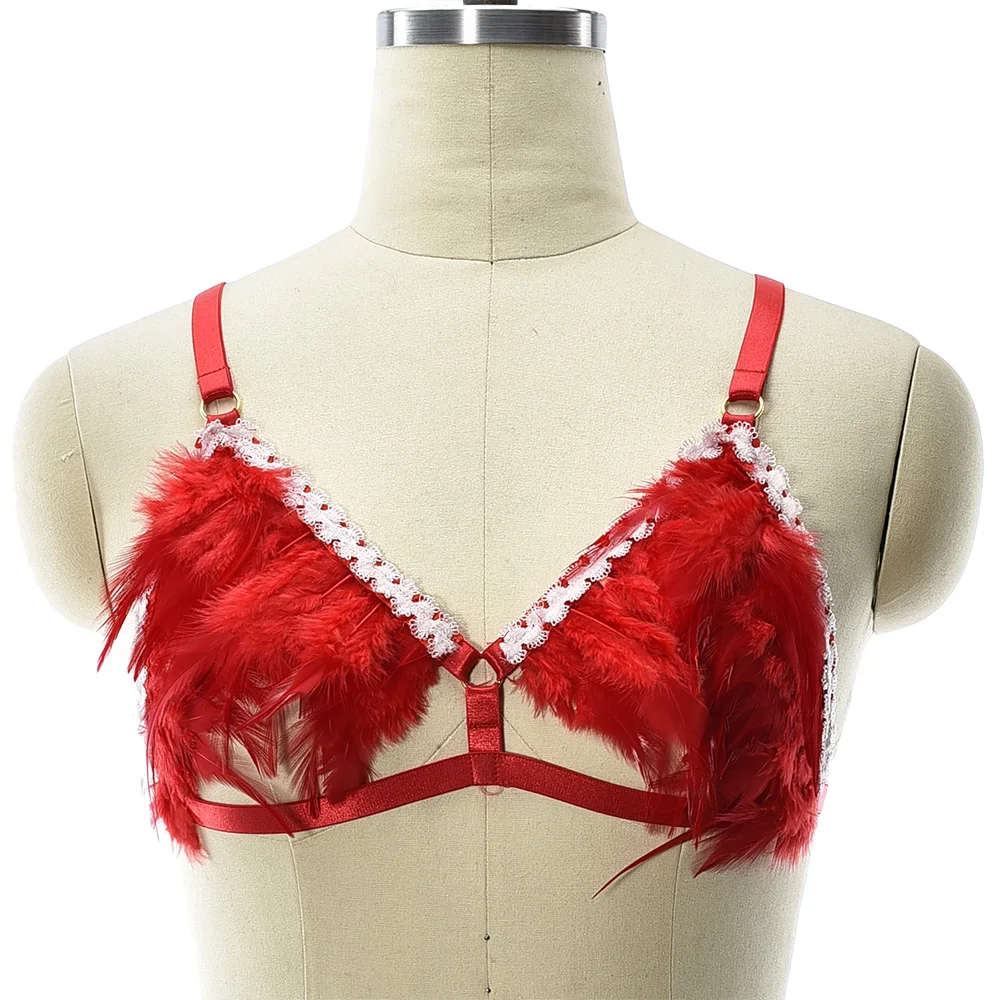 

JLX.HARNESS Woman Feather Bra Red Sexy Lingerie Body Harness Feather Bondage Cage Carnival Rave Body Harness Belt Crop Top Bra