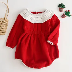 Autumn New Baby Girls Bodysuit Infant Knitted Jumpsuit Female Baby Doll Collar Long Sleeve Pure Cotton Triangle Climbing