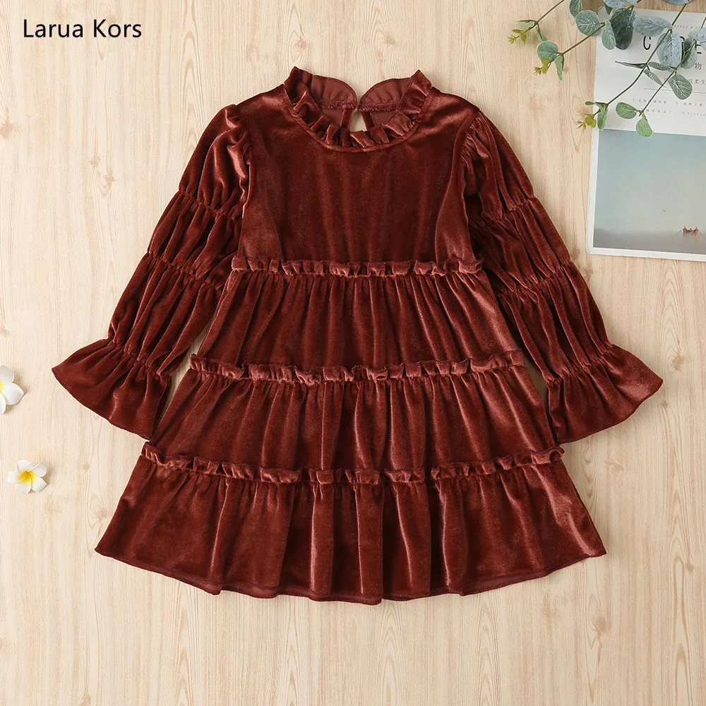 Autumn Winter 2024 New Girls Dress Long Sleeve Velvet Turtleneck Wine Red Black Pleated Solid Cute Sweet Baby Vestidos 2-6T