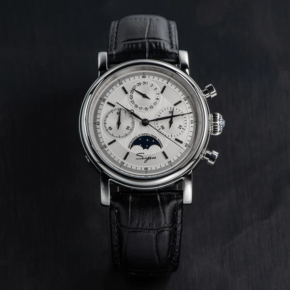 Sugess Pilot Chronograph Mechanical Watches Men Waterproof Original ST1908 Movement Moon Phase Calendar Wristwatch Swanneck 2022