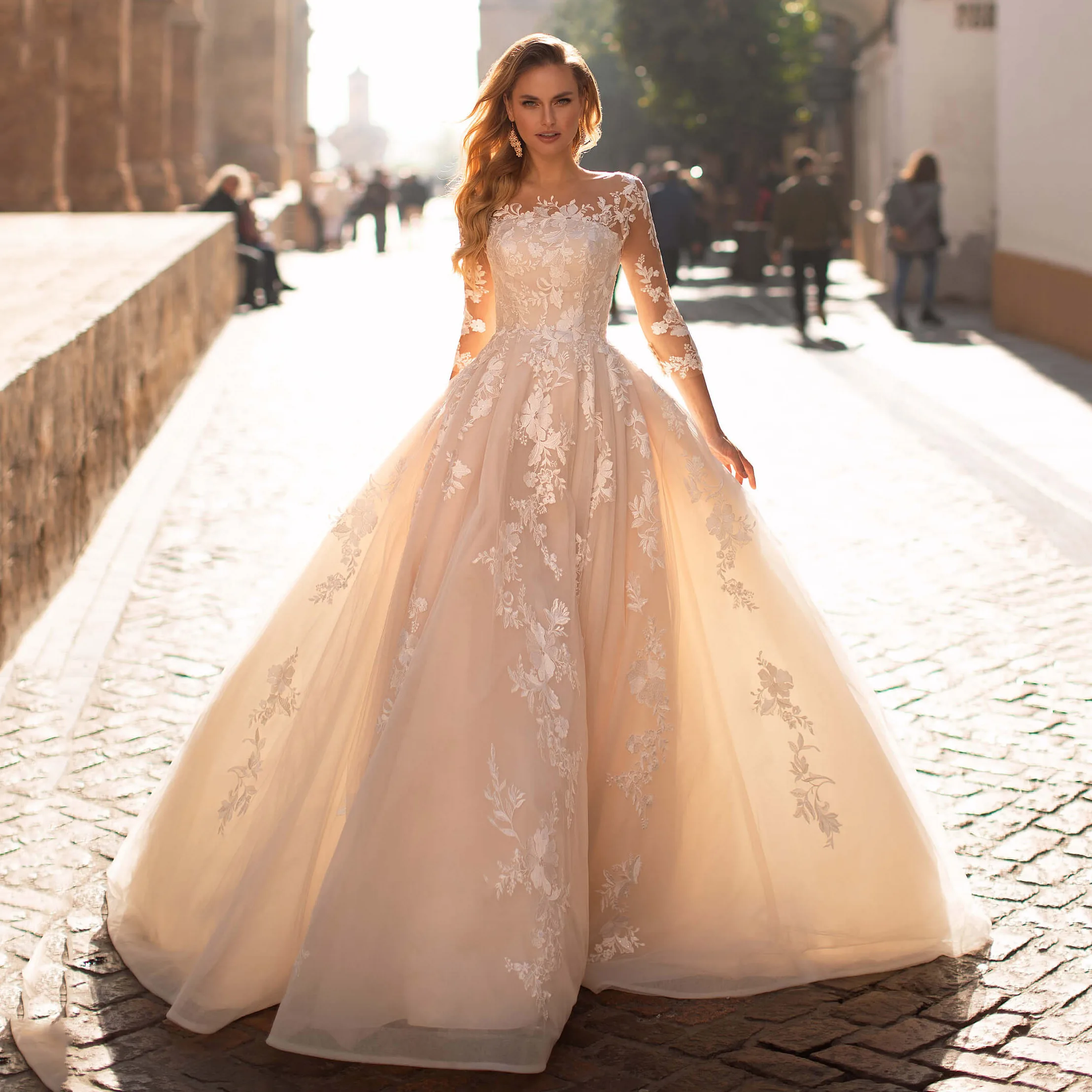 Thinyfull-vestidos De Novia De corte en A con cuello redondo, De tul, con encaje y apliques, novedad De 2020