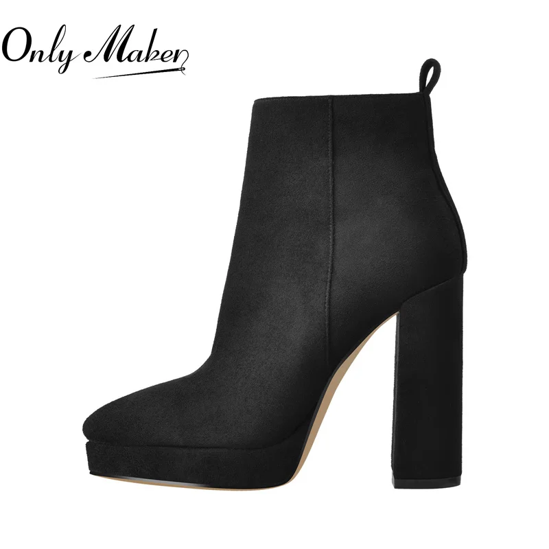 

Onlymaker Spring Women Black Concise Ankle Boots Pointed Toe Side Zipper Low Platform High Heels Mature Daily Casual Booties