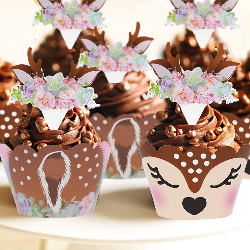 12/24 stücke Cartoon Sika Deer Cupcake Wrapper Geweih Papier Kuchen Topper Frohe Weihnachten Weihnachten Neue Jahr Geburtstag Party Dekoration – Detail 22