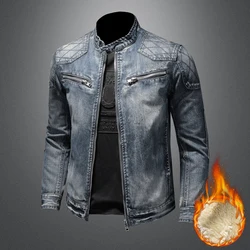 Men Fleece Thick Streetwear Denim Jackets Men Vintage Blue Bomber  Jacket Male Outwear Plus Velvet Windbreaker Coats