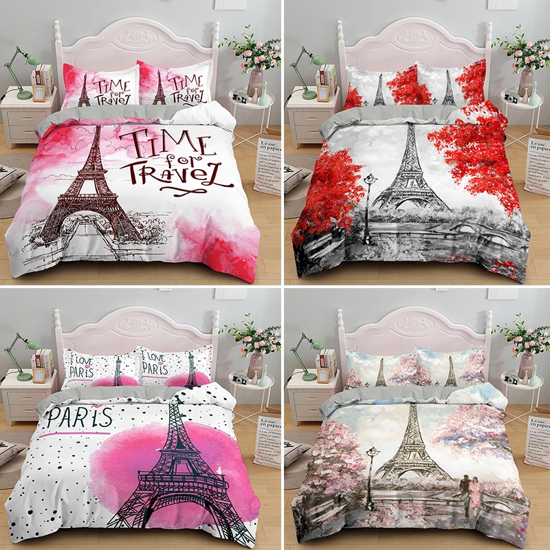 Romantic Tower of Paris Bedding Set Girls Single Queen Duvet Cover Sets Quilt Comforter Covers With Pillowcase Bedclothes