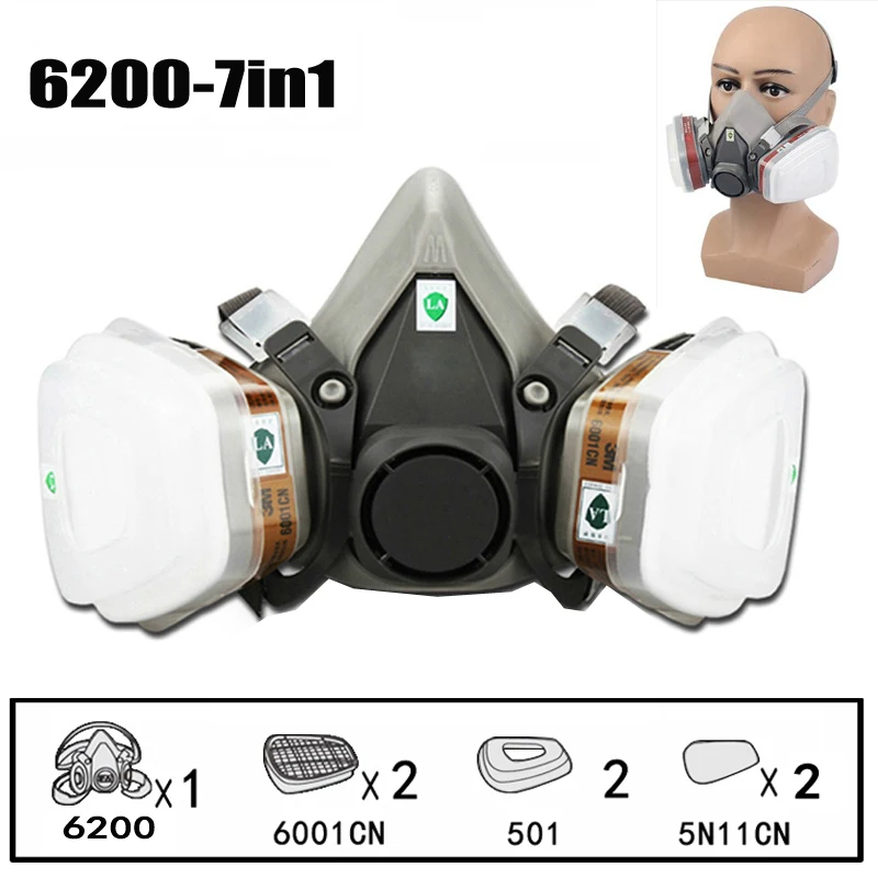 

7 in 1 6200 Half Face Gas Mask Respirator Chemical Respirator Mask with filter Protect Organic Gas Painting Spraying Dust Mask