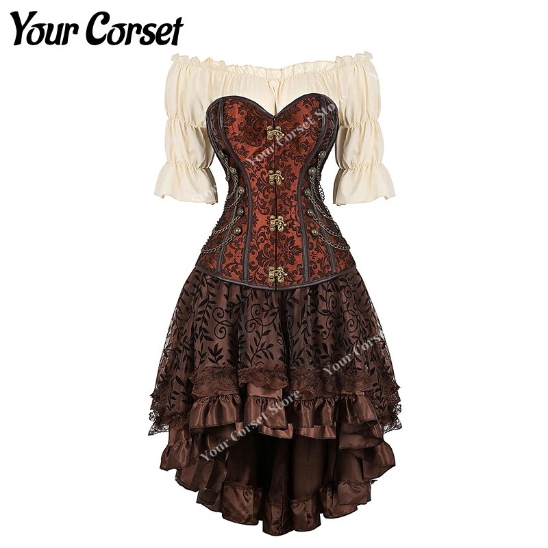 Steampunk Brown Corset Skirt with Shorts Ruffles Gothic Corset Dress Plus Size Leather Corset Pirate Costume for Women