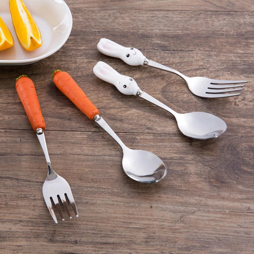 Cartoon Stainless Steel Long Handle Spoon/ Fork Cute Carrot Rabbit Dinner Spoon Fork Tableware Flatware Utensils Home Kitchen