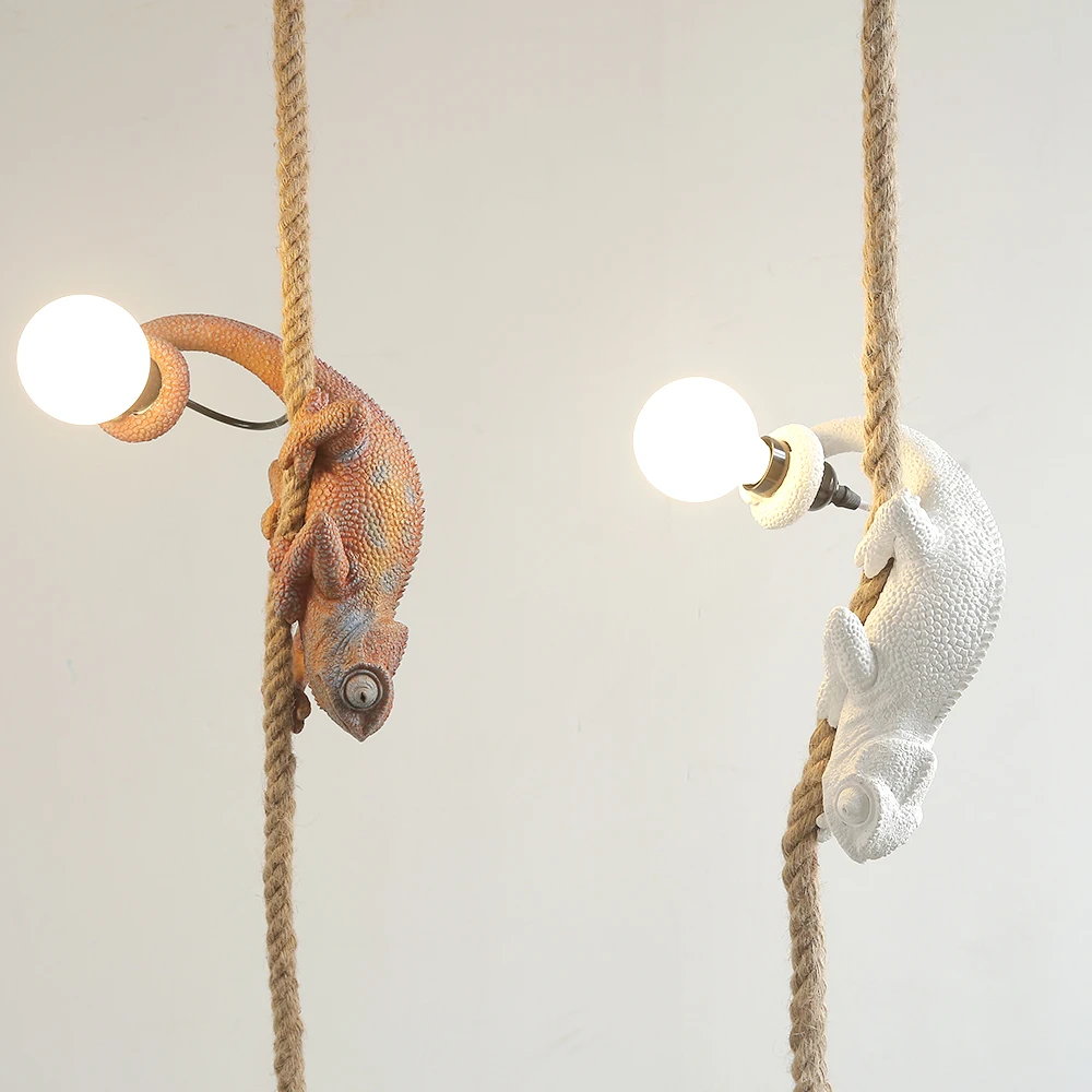 Resin White color chameleon Pendant Light For Living Room Hemp Rope Pendant Lamp Art Study Room Led lizard Animal Light Fixtures