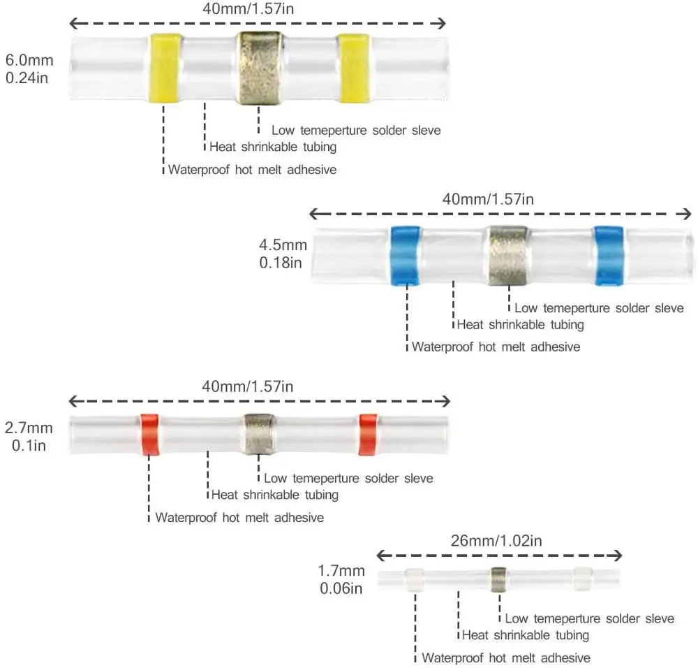 800/300/250PCS Solder Seal Wire Connectors -  Heat Shrink Solder Connectors - Waterproof Solder Butt Connector Kit Insulated
