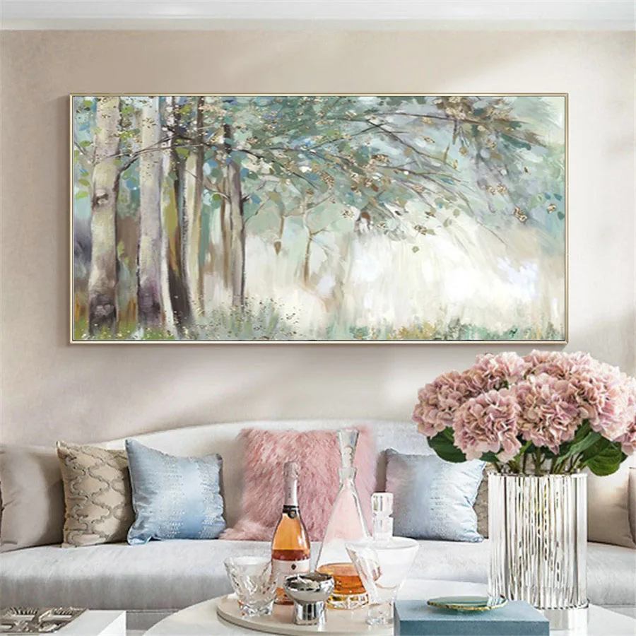 

Gold leaf painting art hand-painted modern abstract oil painting on canvas living wall art forest spring birch tree-lined living