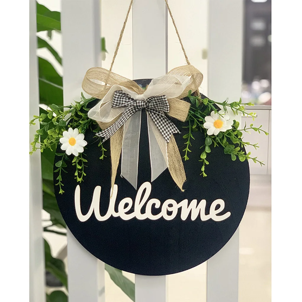 Wooden Welcome Sign with Bowknot Ribbon Front Door Porch Gate Hanging Round Plaque Board  White Ribbon