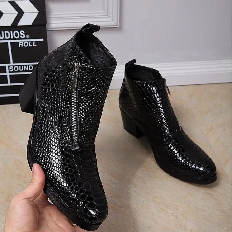 

Men High Heels Genuine Leather Chelsea Ankle Boots British Personality Men's Pointed Short boots Trendy Zipper High-Top Shoes