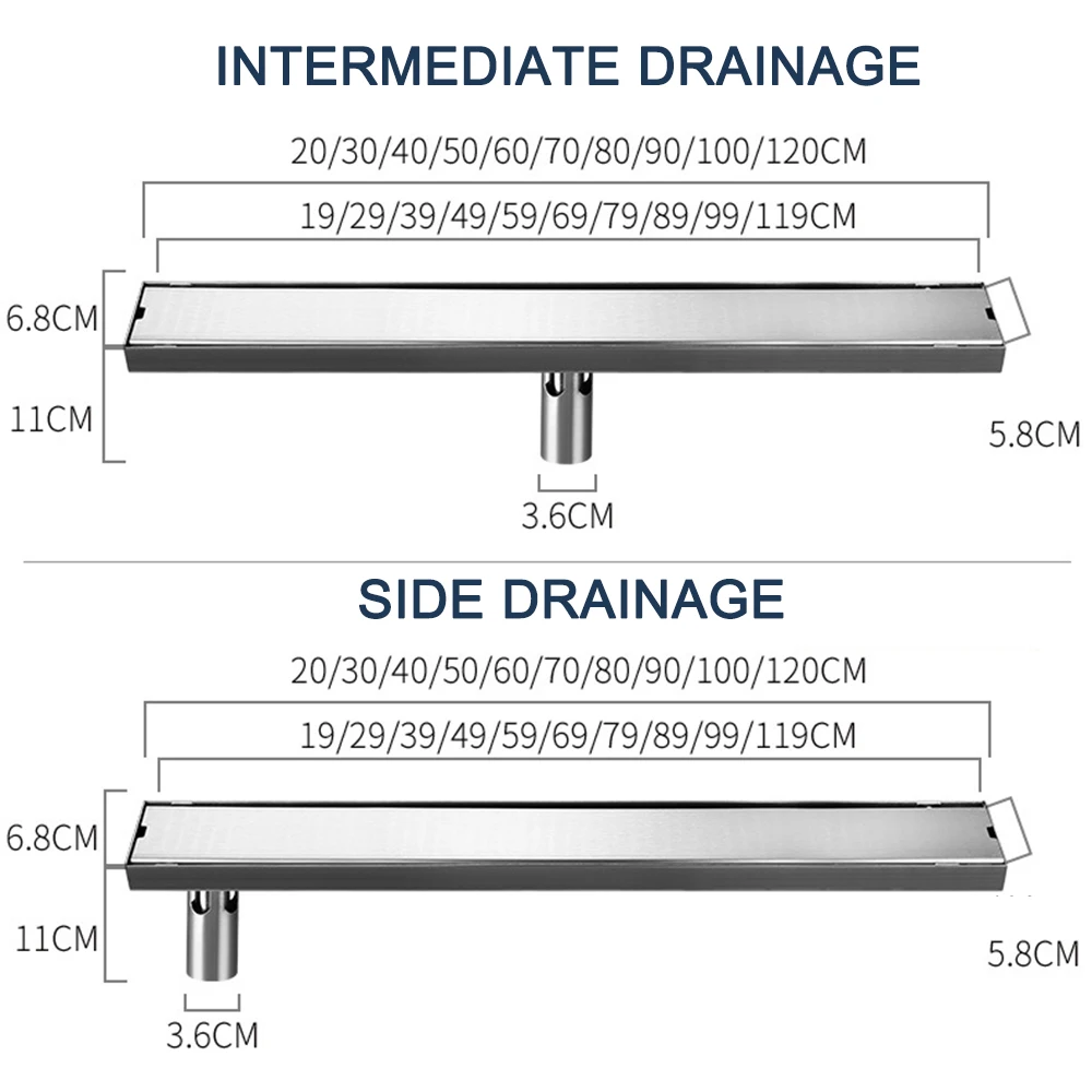 20-100cm Invisible Side Outlet Floor Drain Silver Stainless Steel Bathroom Shower Drainage Rectanle Waste Drain Strainer