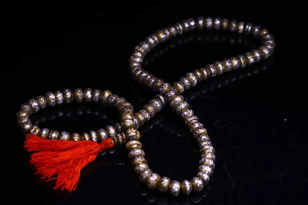 

17"Tibetan Temple Collection Old Natural Pearl Cinnabar Mantra 108 Buddha Beads Necklace Pendant Ornaments Town House