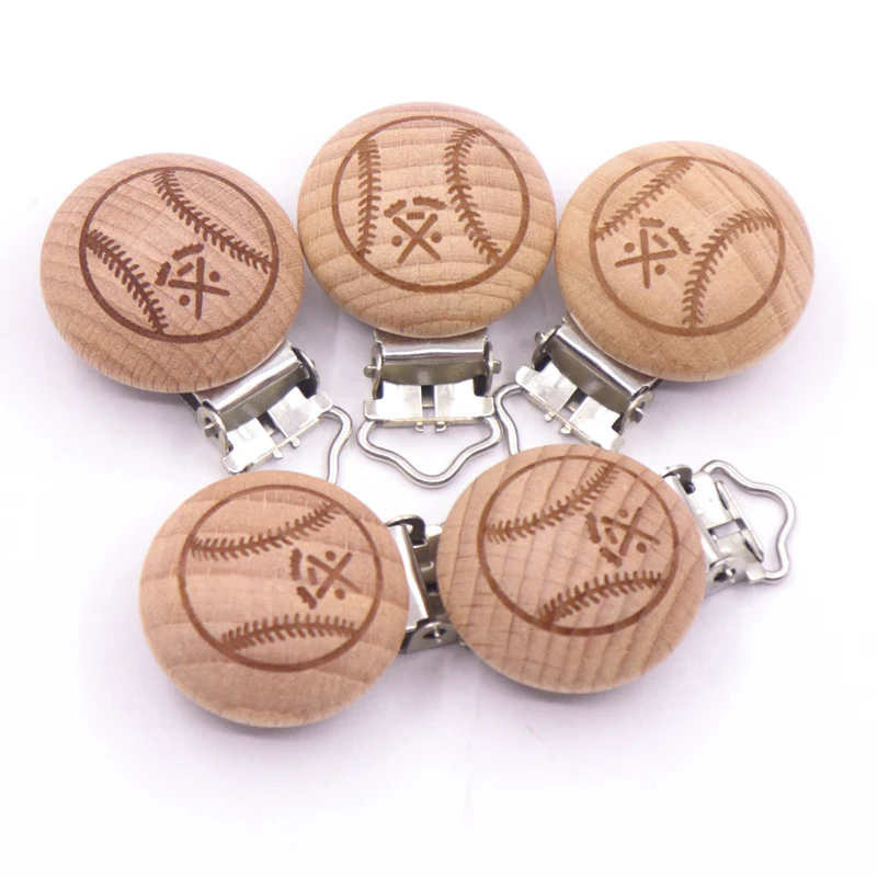 5pcs/Lot 30mm Printed Football Beech Wooden Clips Baby Pacifier Clip Holder Lnfant Soother Clasps Natural Wood Baby Accessories