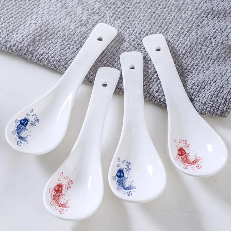 6PCS/Lot Ceramic Spoons Fish Pattern Small Rice Spoon Kitchen Accessories Seasoning Scoop Soup Ladle Porcelain Tableware Scoops