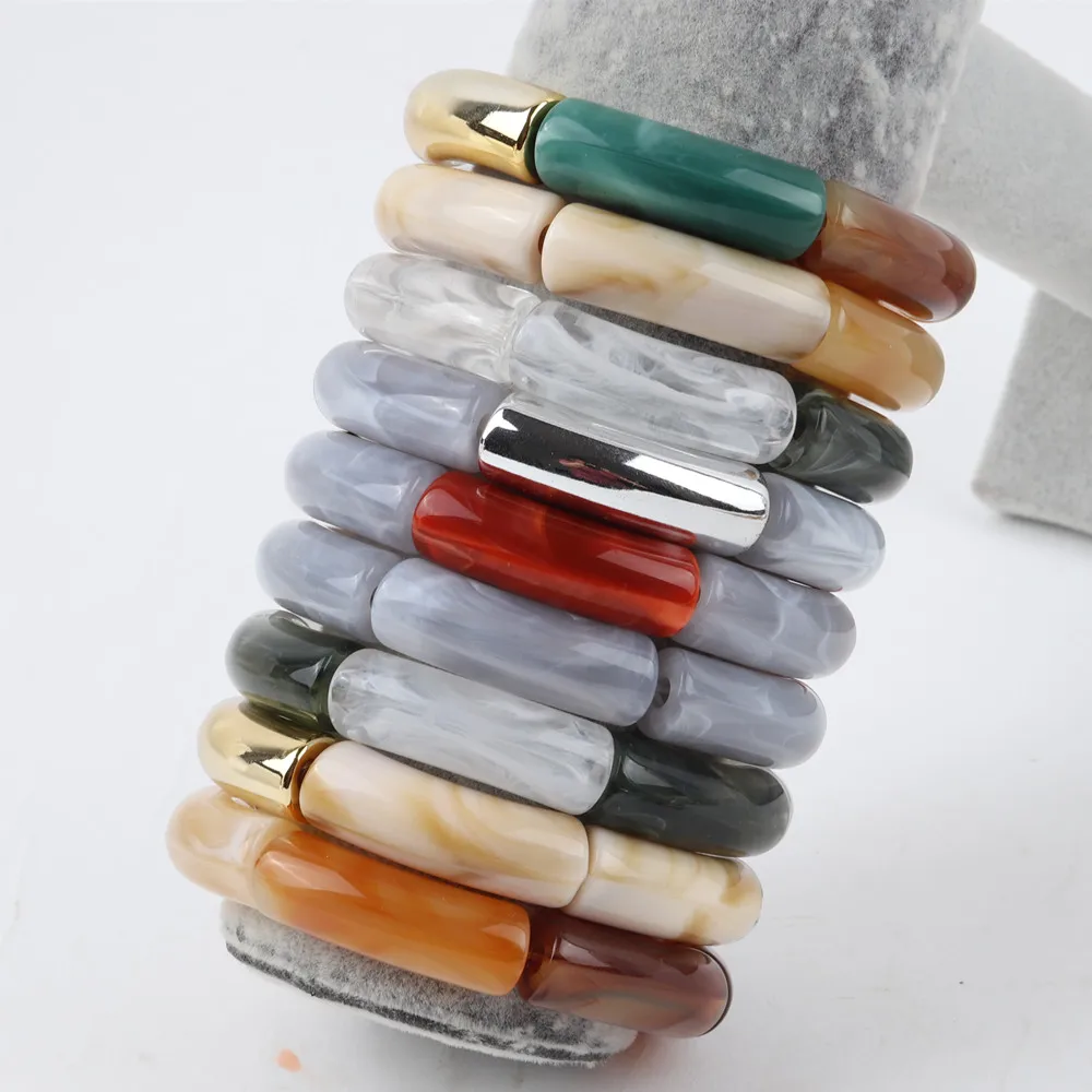 New Multicolor Marbling Acrylic Beads Charm Bracelets Women Men Bohemian Tube Beads Elastic Bracelets & Bangles Fashion Jewelry