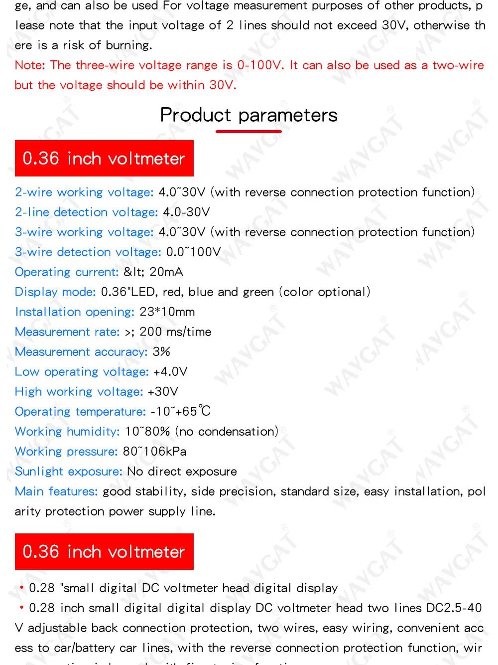Voltmetro Digitale Blu Per 0-100 V 0,36 Pollici A Tre Fili LED Pannello