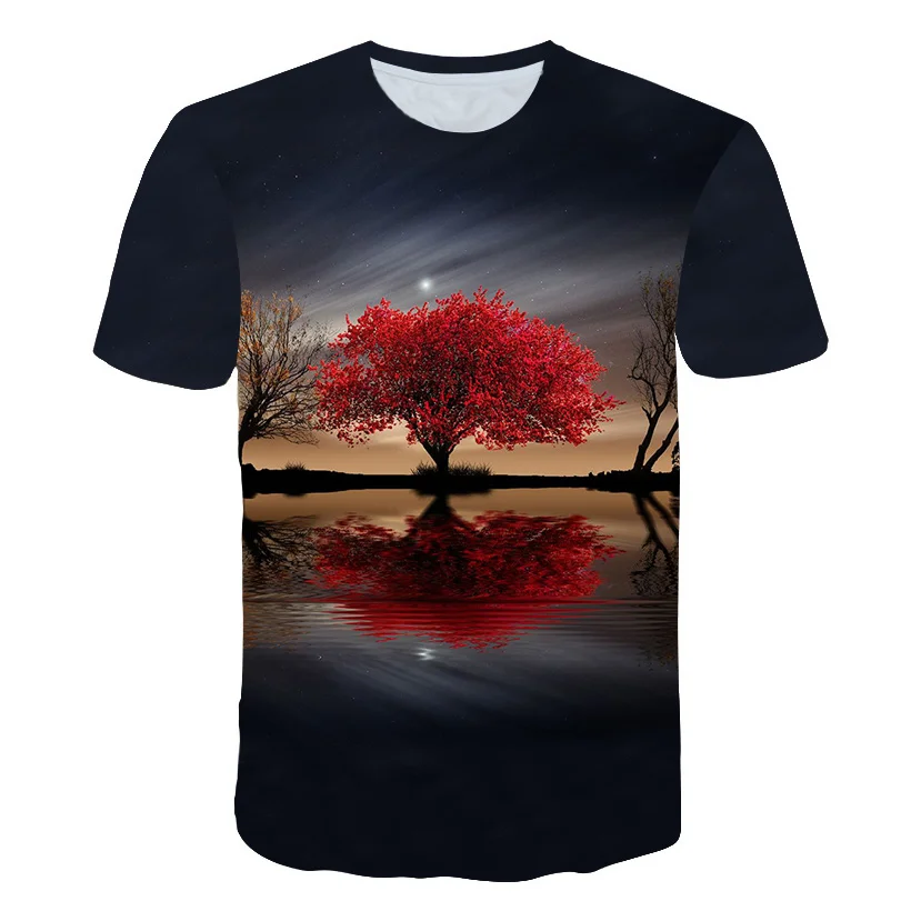 2021 Landscape Factory Direct Wholesale 3D Digital Printing Tree Flower T-shirt Men's Short-sleeved T-shirt