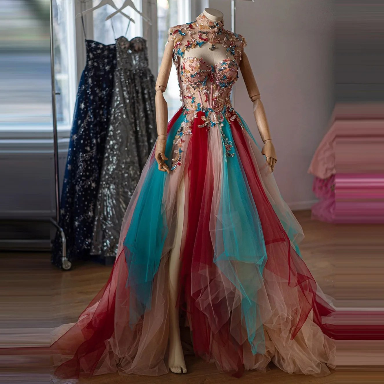 High Neck Prom Dress Colorful Dress Sequin Beaded Dresses With Slit Three Color Dresses Long Evening Dresses Layered Fluffy Gown