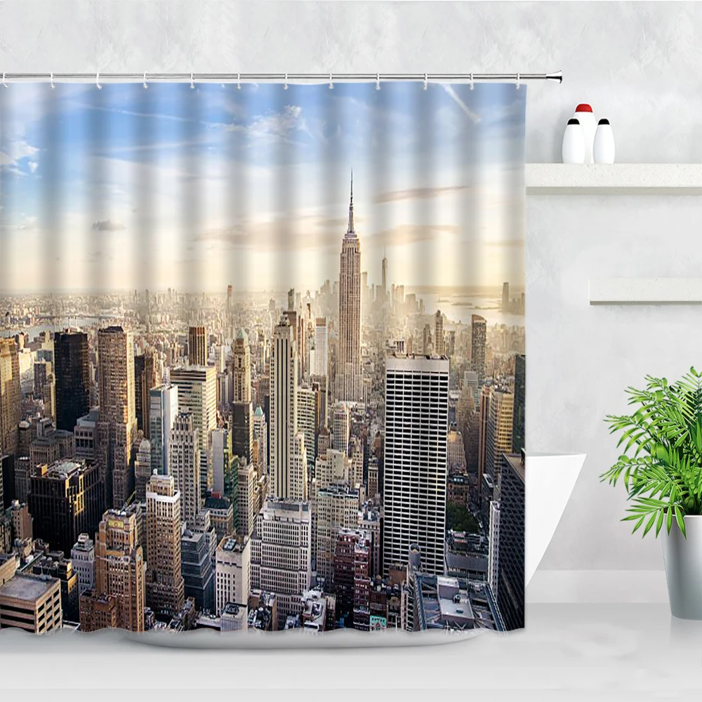 New York Manhattan City View Shower Curtains Tall Building Modern Natural Scenery Decor Screens With Hooks Bathroom Curtain Set