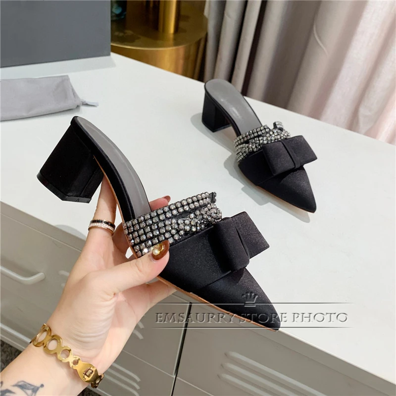 Sexy Point Toe Sweet Satin Outwear Lady Mules Jeweled Rhinestone Med Heel Slip-on Butterfly-knot Sandals Women