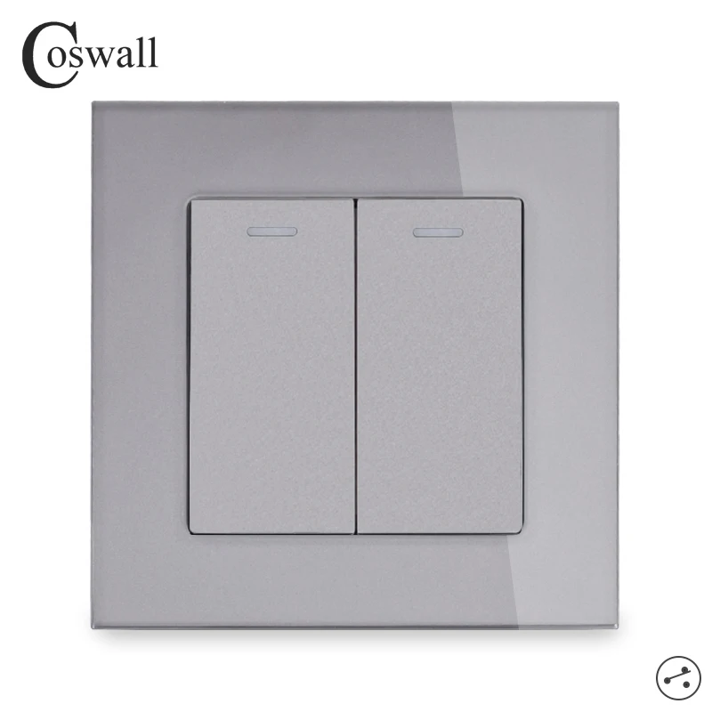 COSWALL Crystal Glass Panel 2 Gang 2 Way On / Off Pass Through Stair Rocker Wall Light Switch Switched 16A C1 Series