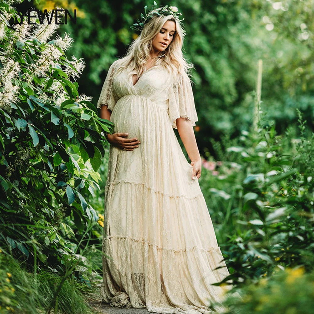 

Lace Maternity Gown Bohemian Style for Baby Shower Photo Shoot and Wedding-Boho Half Sleeve Maternity Dress YEWEN