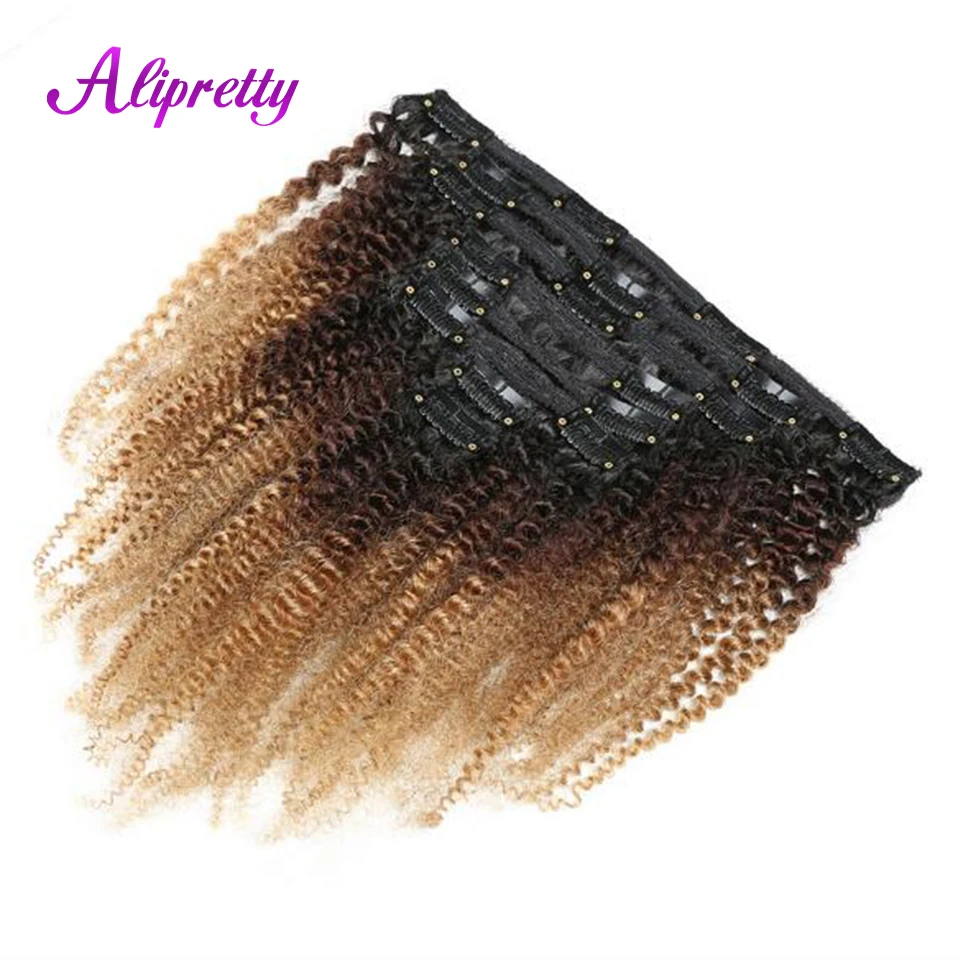 

Alipretty Afro Kinky Curly Hair Clip Ins Extensions Human Hair 8-24 inch Ombre Color T1b/4/27 3 Tone Brazilian Remy Hair Bundles