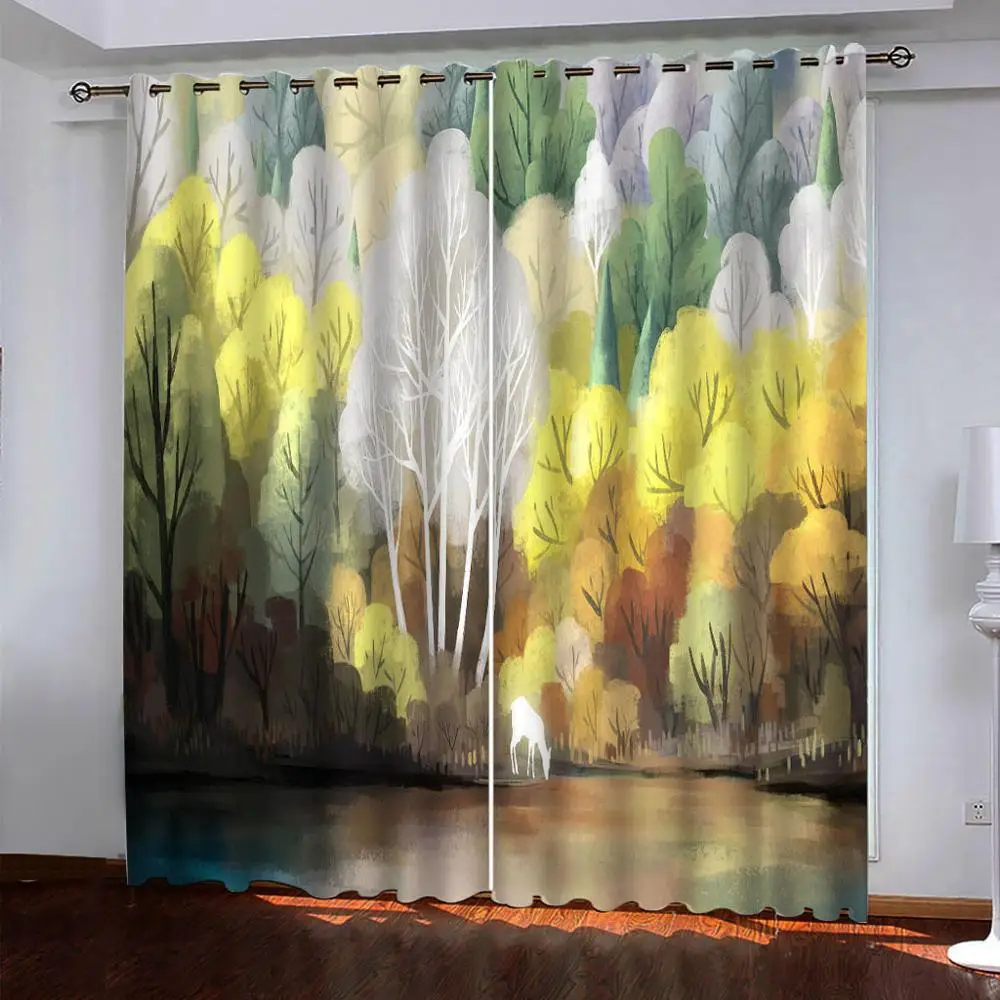 yellow forest curtains Customized 3d curtains new window balcony thickened windshield blackout curtains