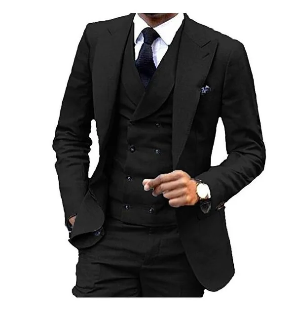 

Men's Suits 3 Piece Black Lapel Double Breasted Slim Fit Casual Business Suit For Wedding Groom Wear Tuxedo Blazer+pants+Vest