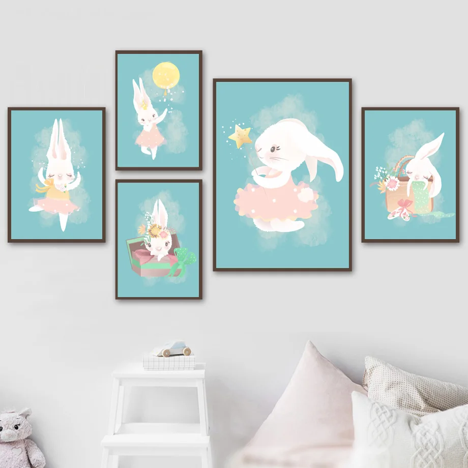 Cute Rabbit dance Star balloon Flower Nursery Wall Art Canvas Painting Nordic Posters And Prints Wall Pictures Kids Room Decor