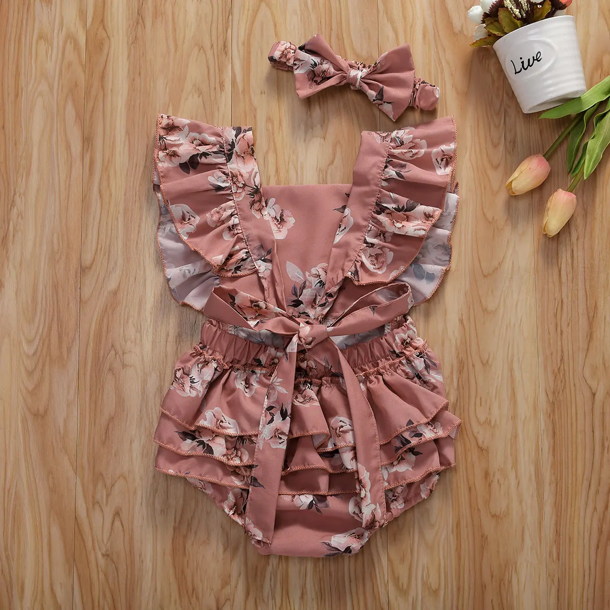 Summer Clothing Infant Newborn Baby Girl Floral Romper Girls Sleeveless Ruffled Jumpsuits With Baby Headband