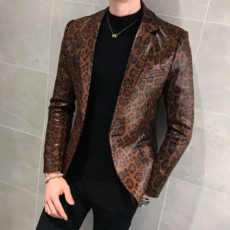 Jacket Leather Stage Costumes For Singers Loose Coat Blaser Homens Terno Masculino Autumn Leopard Print Mens Blazer Skin Suit