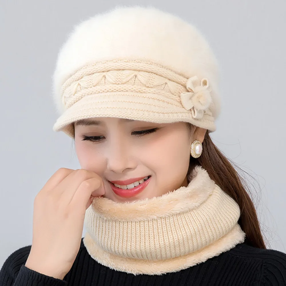 Hot Sale Women Winter Hat Keep Warm Suit Plush Fur Lined Warm Hats For Female Casual Faux Fur Winter Knitted Cap