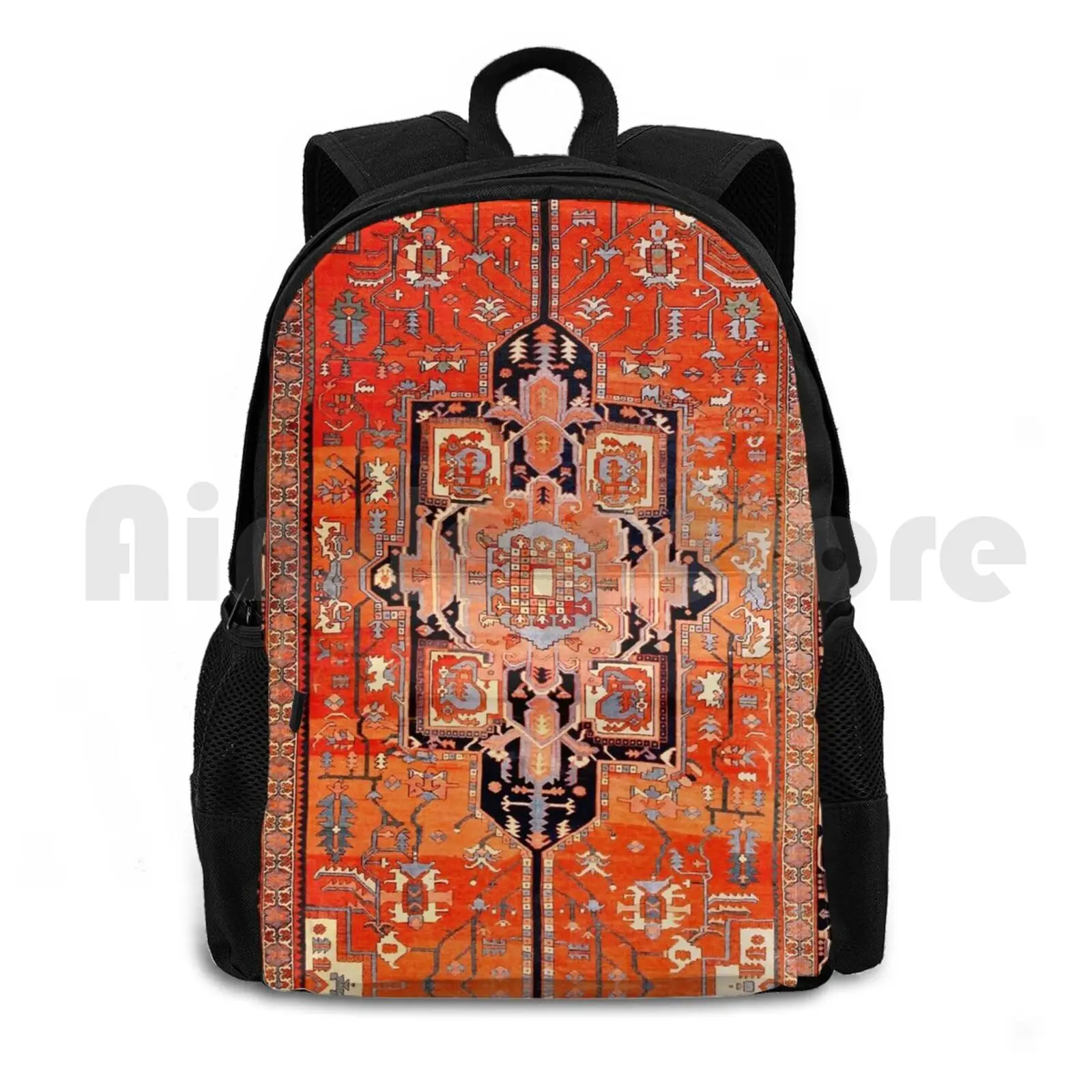 Antique Persian Heriz Serapi Rug Print Outdoor Hiking Backpack Waterproof Camping Travel Vintage Vintage Persian Rug Carpet