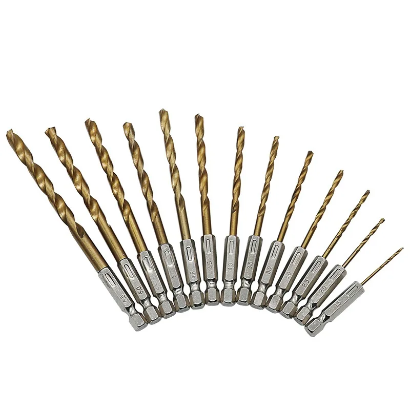 13 buah bor HSS lapis Titanium, batang bor heksagonal lapis Titanium kecepatan tinggi 1.5-6.5mm