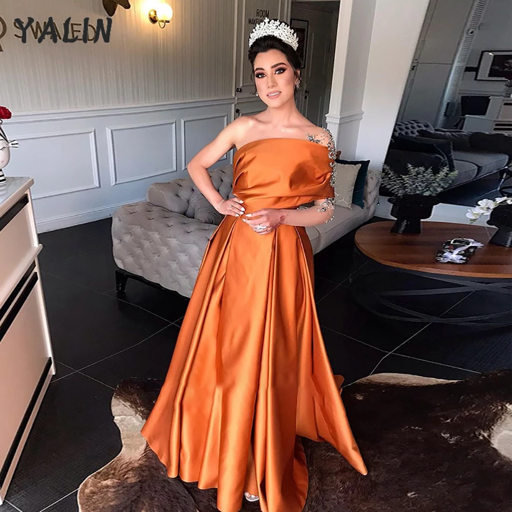 YALIN Arabic Satin Orange Evening Dresses Muslim One Shoulder Beaded Sleeve Robes De Soirée Customer Made Formal Wedding Gowns