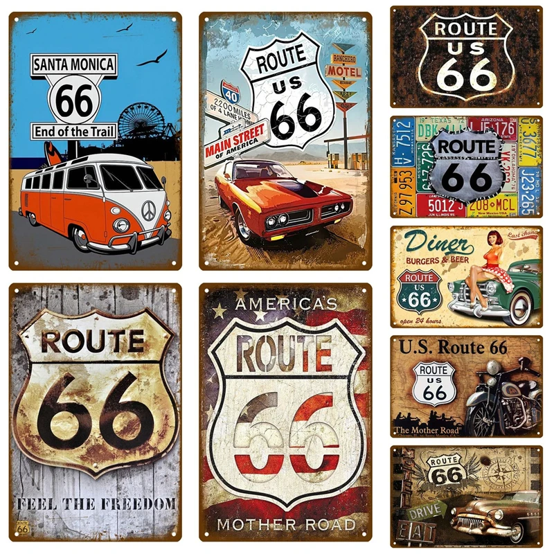 

Route 66 Car Retro Decorative House Metal Sign Plate Posters On The Wall Tin Sign Vintage Poster Decor Wall Art Room Decoration