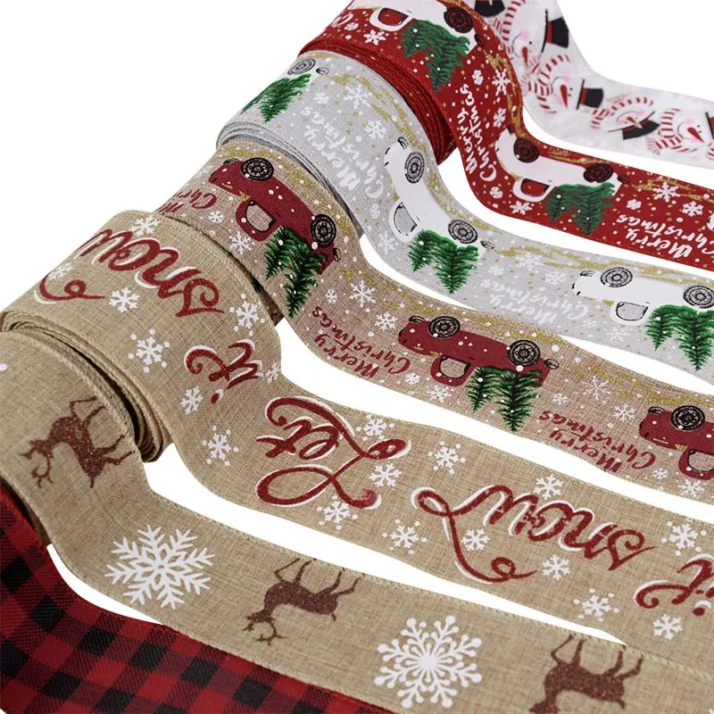 Christmas Burlap Ribbon Roll Xmas Tree Twine Streamer Ribbon Car Truck Red Plaid Tape for Christmas Gift Wrapping DIY Bow Craft