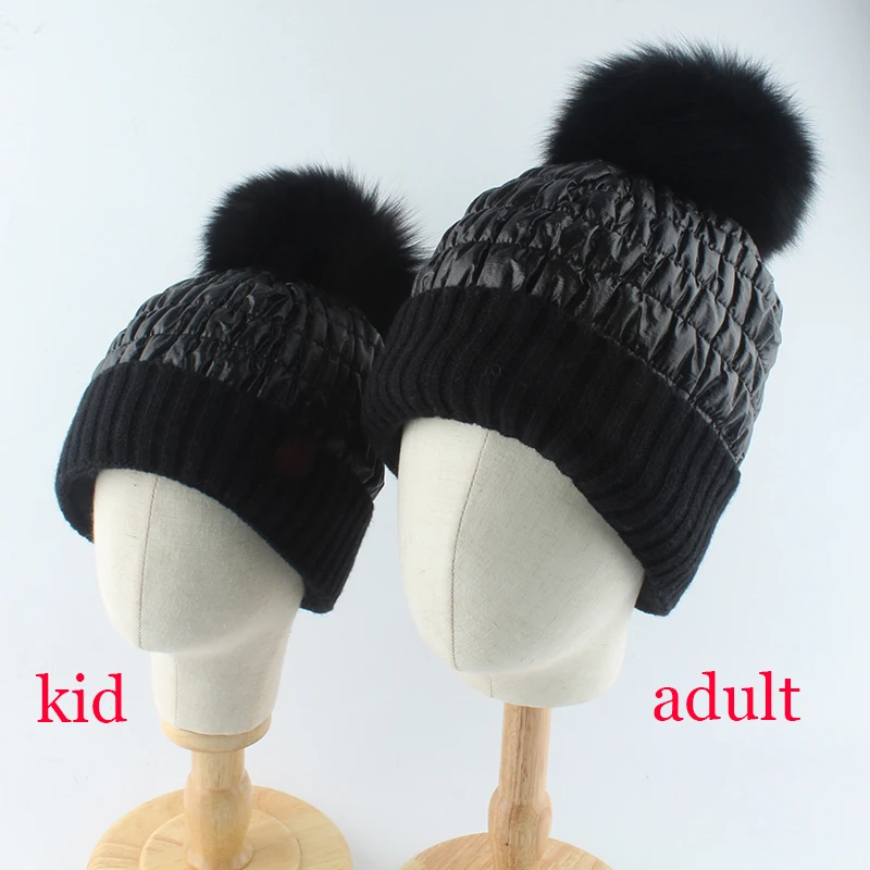 Fox Fur Pompom Beanie Mother Baby Winter Hats For Women Warm Knitted Beanies Cap Real Fur Pompon Hat Bonnet 5